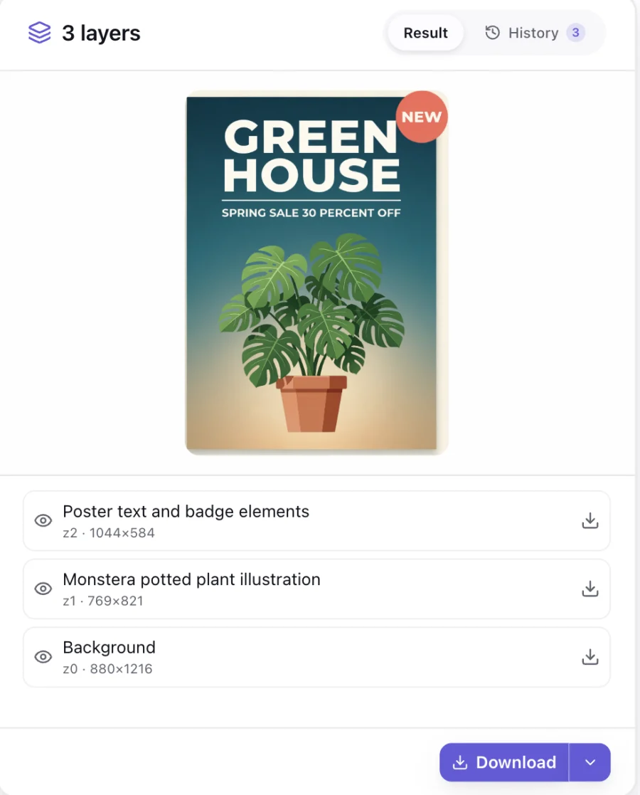 The result panel for a plant shop poster: the reassembled poster above a list of three layers, each with the name the model gave it, its stacking index and its pixel dimensions, and its own download button