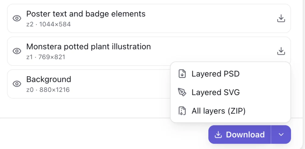 The export menu open on the result panel, offering Layered PSD, Layered SVG and All layers as a ZIP