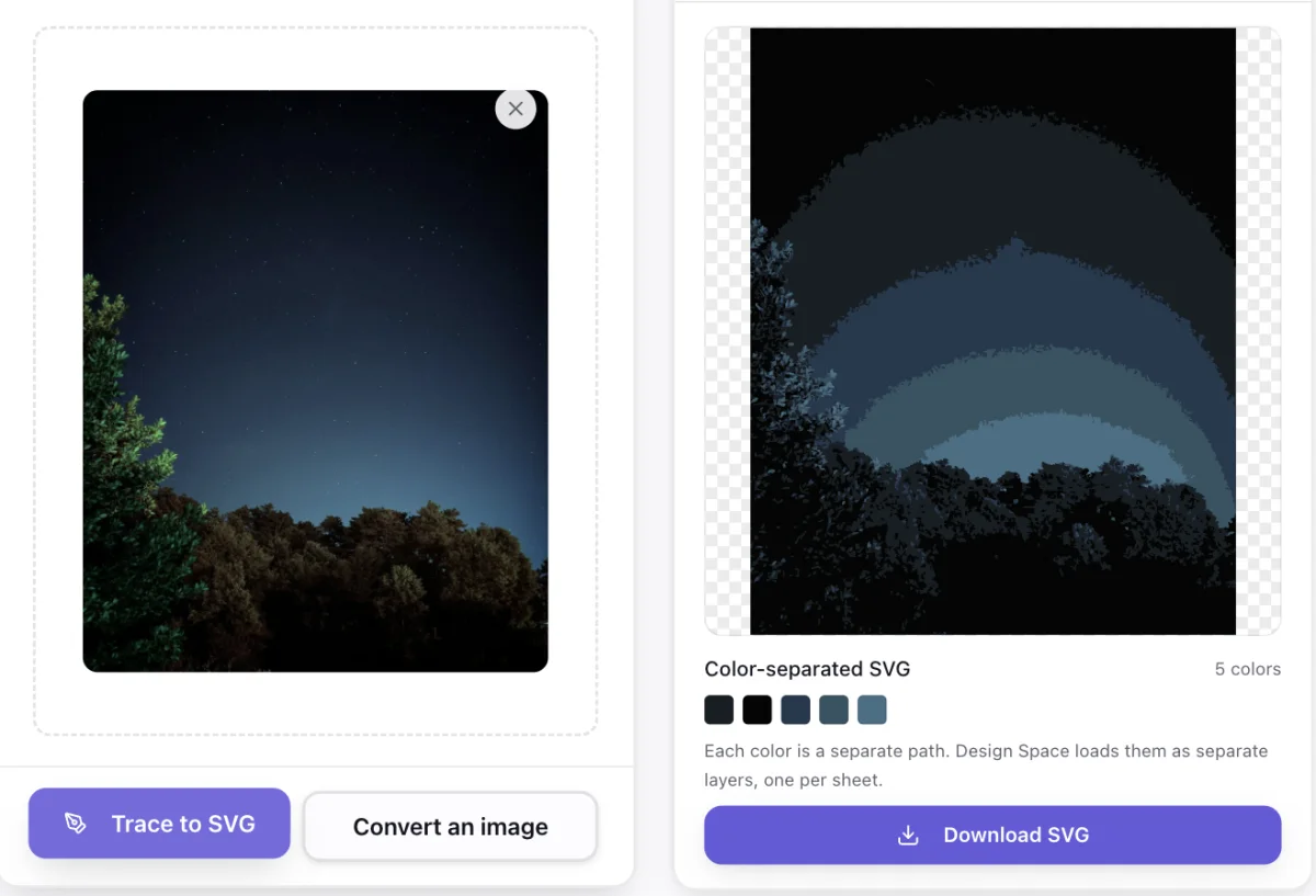 A night landscape photograph on the left and its traced SVG on the right: the smooth sky gradient has collapsed into five hard-edged bands and the tree line has broken up into ragged noise